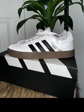 adidas White Sneakers with Black Stripes and Brown Platform Sole